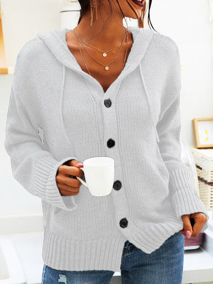 Damen Cardigan Grobstrick Kapuze Knöpfe Beige