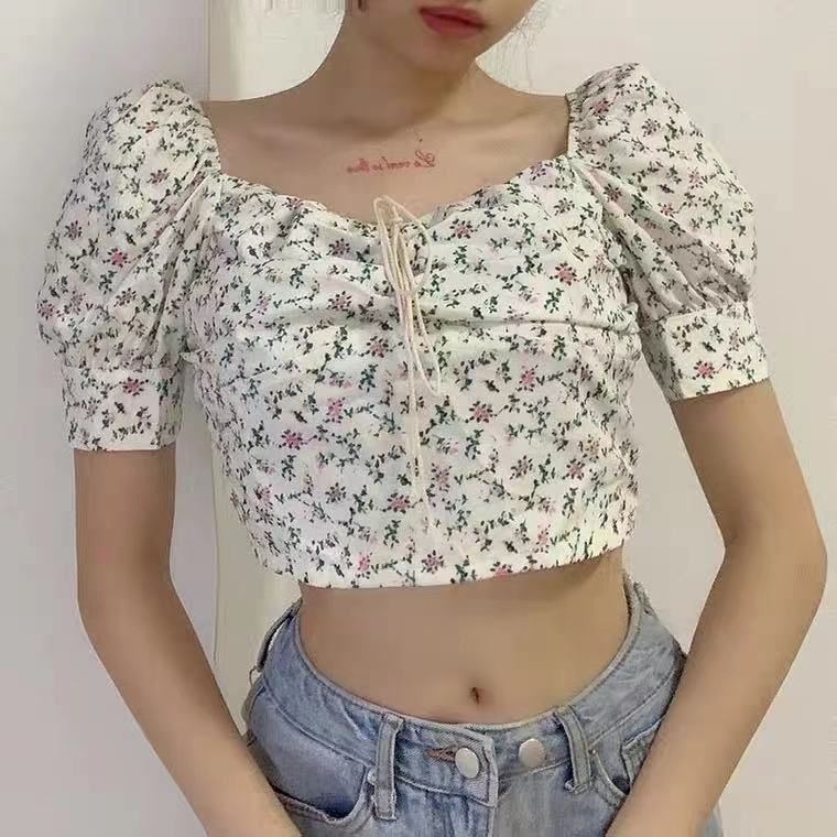 Damen Crop- Puffärmel Floralmuster - Norvielle