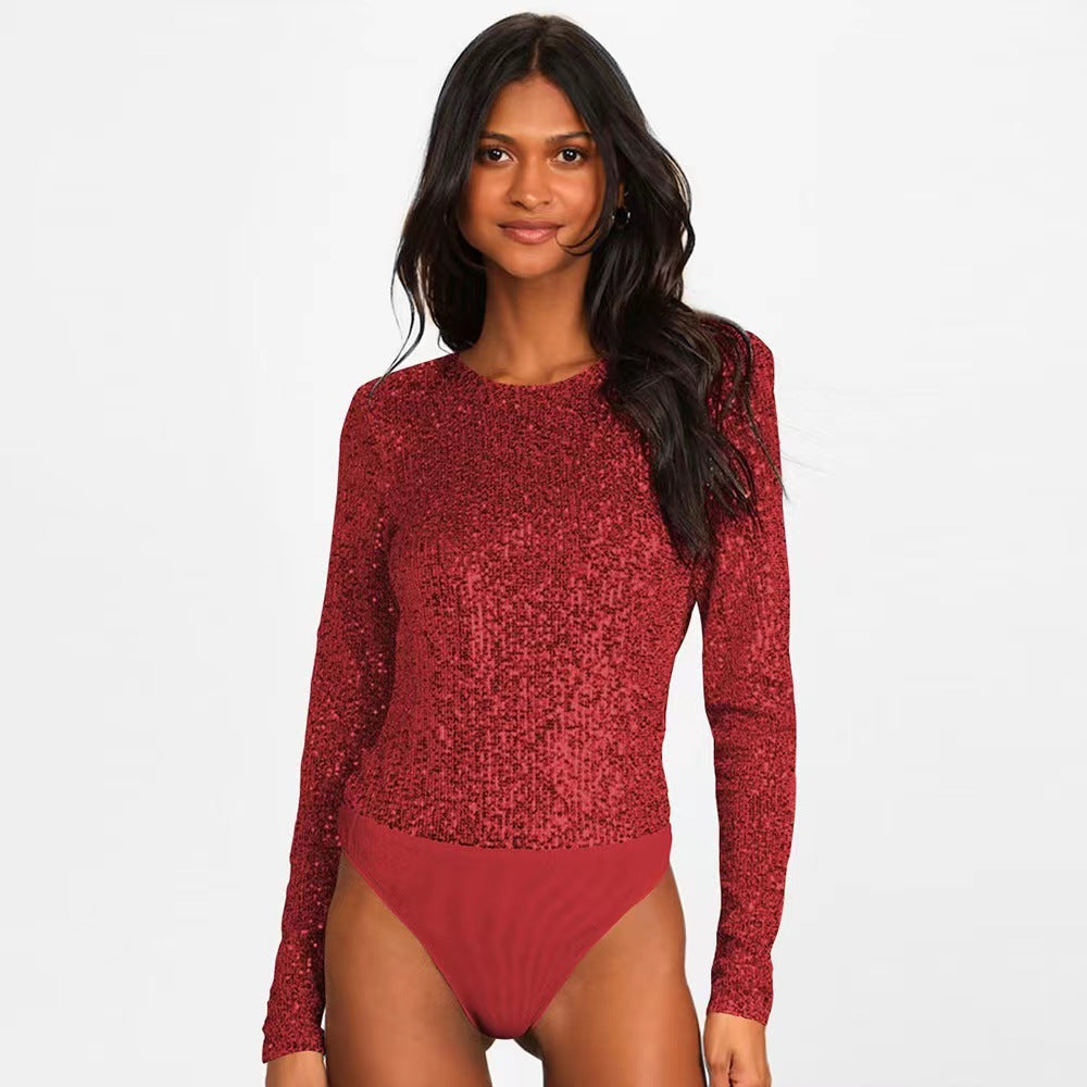 Damen Glitzerndes Bodysuit Längsärmig Schimmernder Stoff