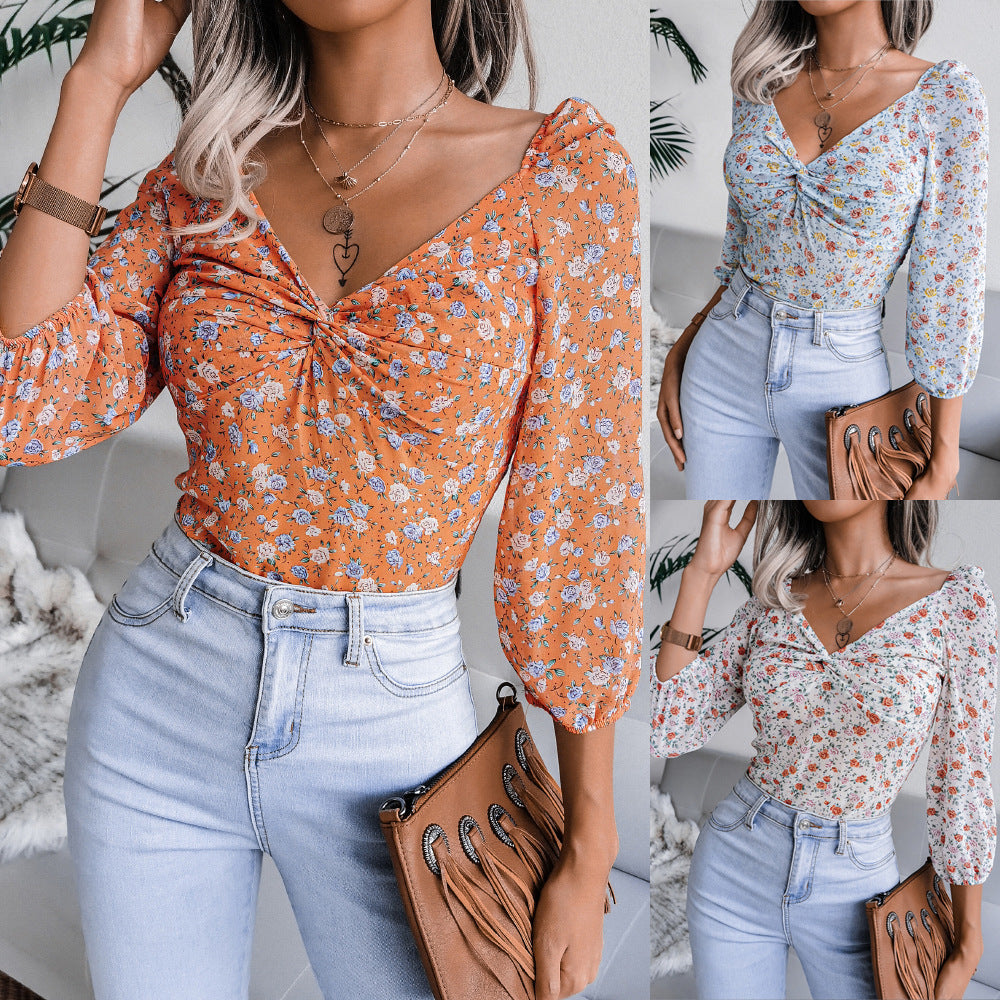 Damen Bluse Blumenprint Seitlicher Knoten Norvielle - Norvielle