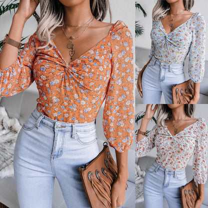 Damen Bluse Blumenprint Seitlicher Knoten Norvielle - Norvielle