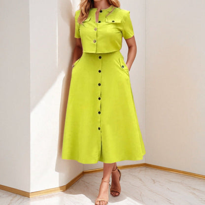Damen Midi Kleid Knöpfbarem Oberteil Taillierter Silhouette