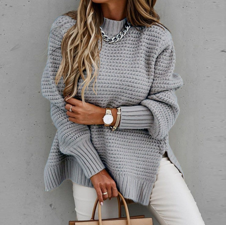 Damen Grobstrickpullover Hochkragen Mit Schlitzen Norvielle