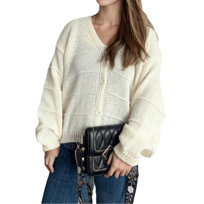 Damen Strickjacke V-Ausschnitt Elegante Knöpfe Beige
