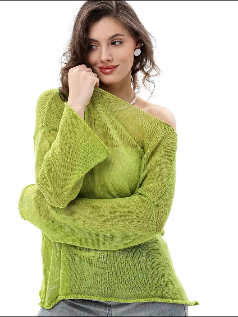 Damen Off-Shoulder Pullover Feinstrick Weit Schnitt Beige