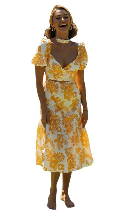 Damen Midi Kleid mit Wasserfall-Ausschnitt und Blumenmustern