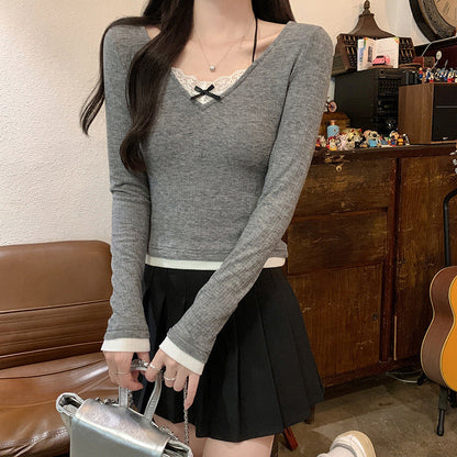 Damen Langarmshirt V-Ausschnitt Spitze Weiß