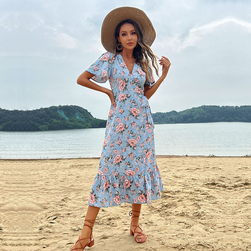 Damen Maxikleid Floralmuster Rüschensaum Norvielle