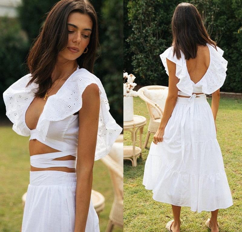 Damen Sommerkleid Ausgestellt Rüschenkragen Rückenschnürung Norvielle - Norvielle