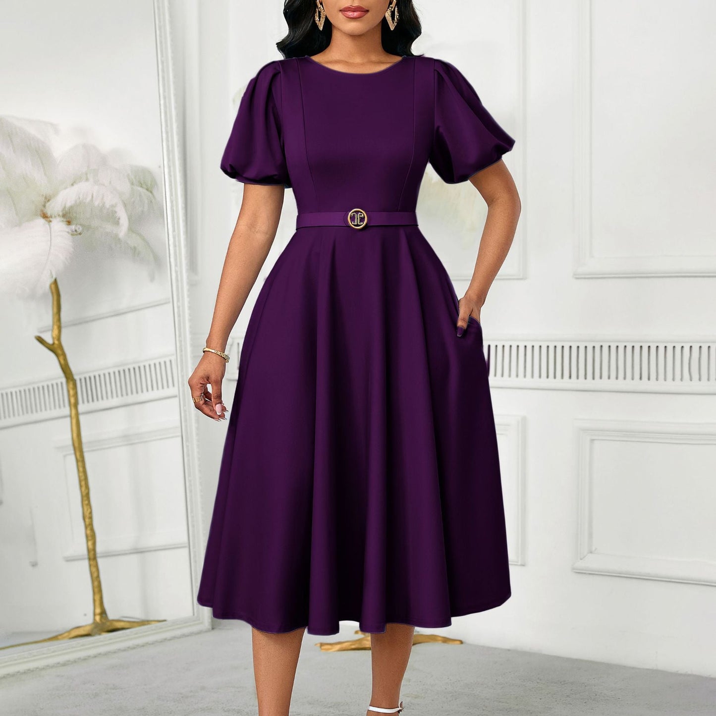 Damen Midi-Kleid Puffärmel Taillengürtel