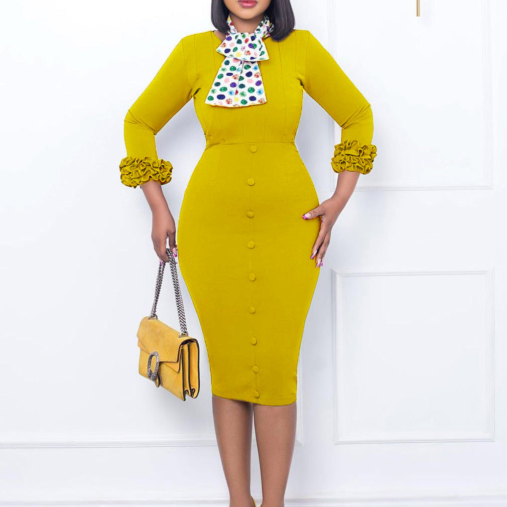 Damen Midi-Kleid Rüschenärmel Stylischer Schal Norvielle - Norvielle