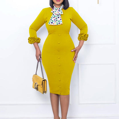 Damen Midi-Kleid Rüschenärmel Stylischer Schal Norvielle - Norvielle