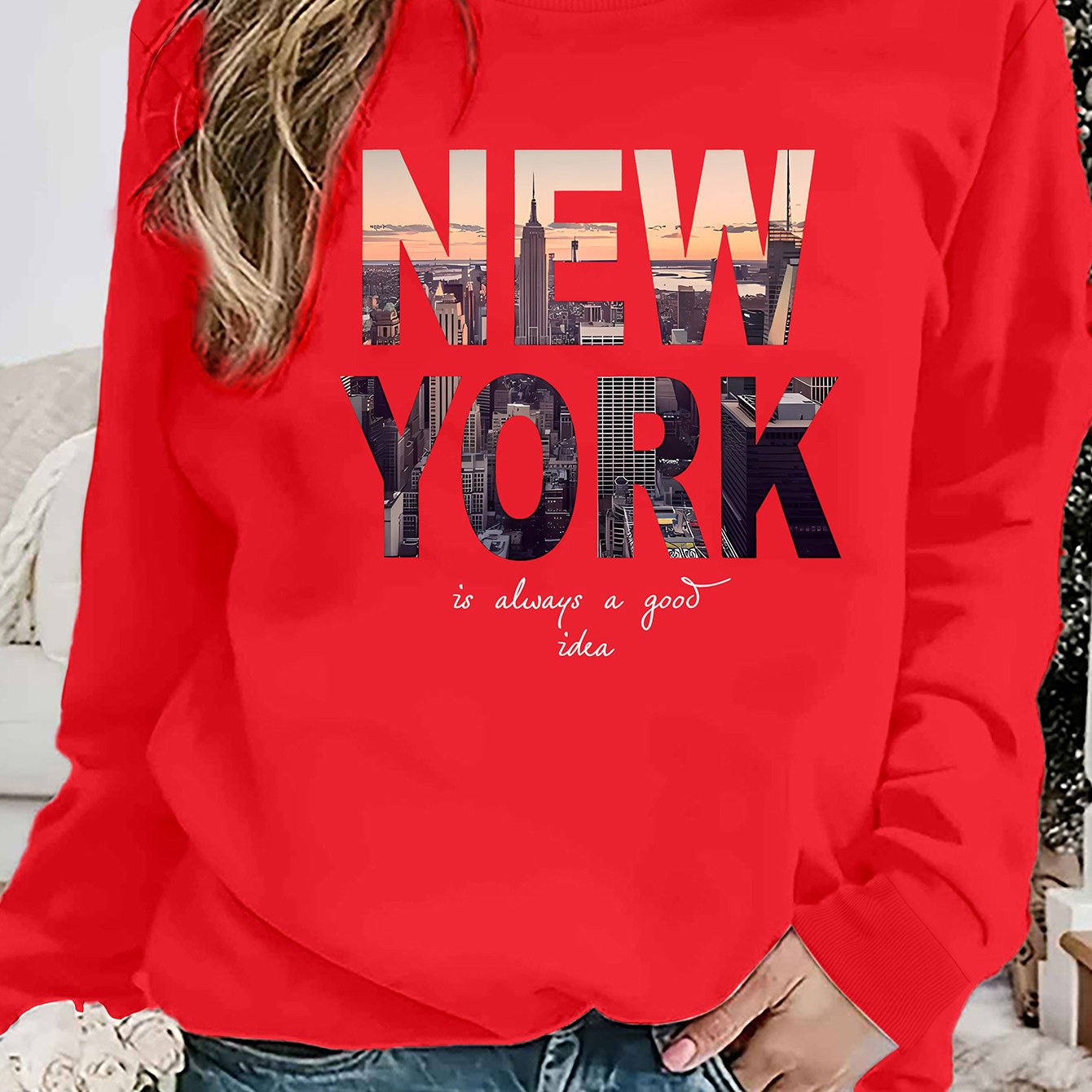 Damen Sweatshirt New York Skyline Druck Baumwolle Gemütlich Grau