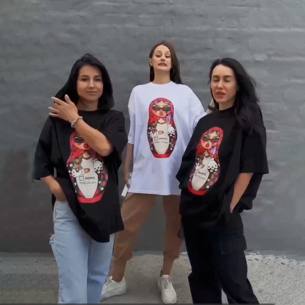Damen Oversized T-Shirt Flippiger Grafikdruck Weiß