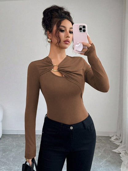 Damen Bodysuit Rundhalsausschnitt mit Dekoration