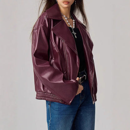 Damen Kunstlederjacke Oversized Reißverschluss
