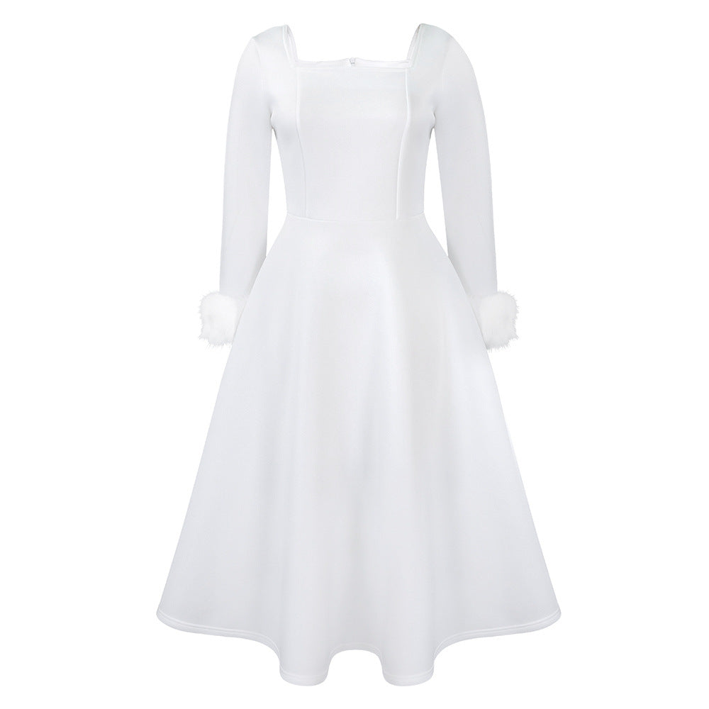 Damen Kleid Quadratischer Ausschnitt Fuchsfell Ärmel