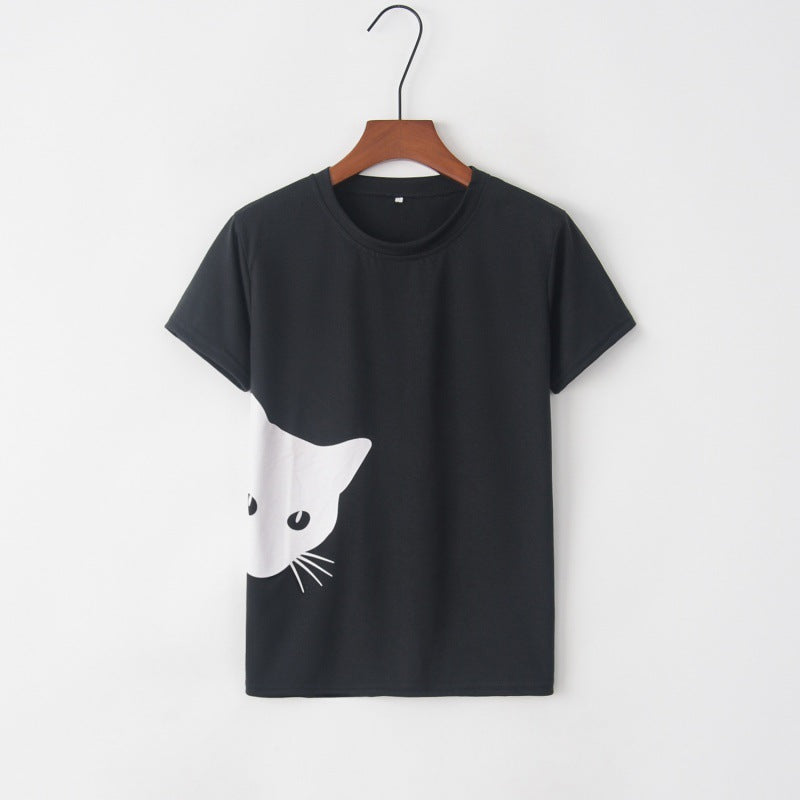 Damen T-Shirt Katzenmotiv Locker Passform Weiß
