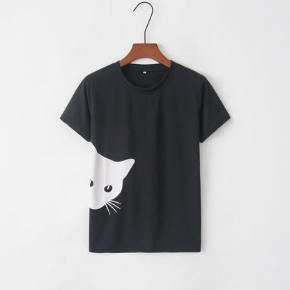 Damen T-Shirt Katzenmotiv Locker Passform Weiß