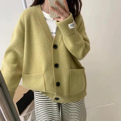 Damen Oversized Cardigan Große Taschen Knöpfe Beige