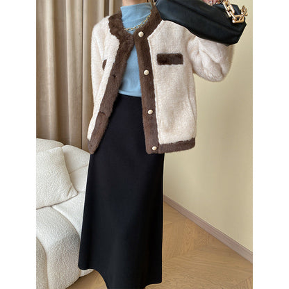 Damen Bouclé-Jacke Kuschelig Mit Knopfleiste Beige