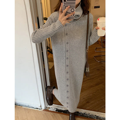 Damen Strickkleid Weiter Rollkragen Durchgehende Knopfleiste Norvielle