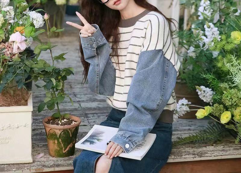 Damen Sweater mit Denim Ärmeln Norvielle