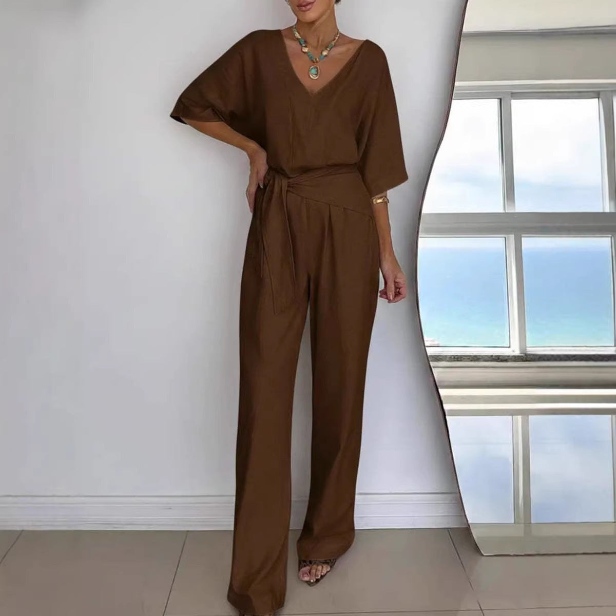 Damen Jumpsuit Tailliert Wickelgürtel Elegant