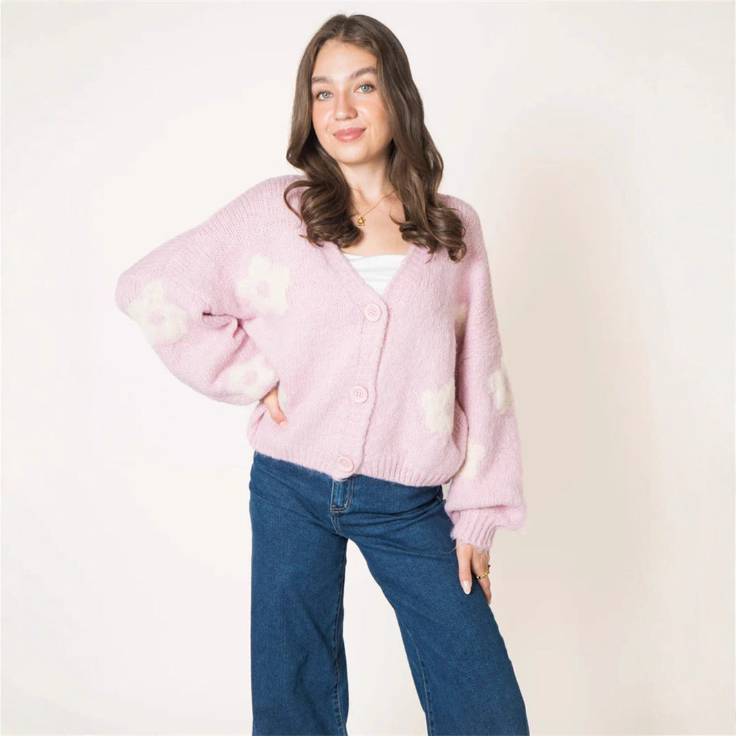Damen Strickjacke Florales Muster Voluminöse Ärmel