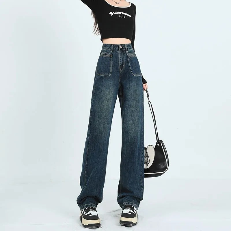 Damen Weite Denim-Hose Hohe Taschen Norvielle