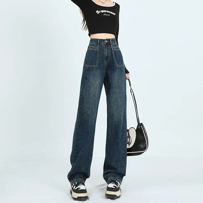 Damen Weite Denim-Hose Hohe Taschen Norvielle