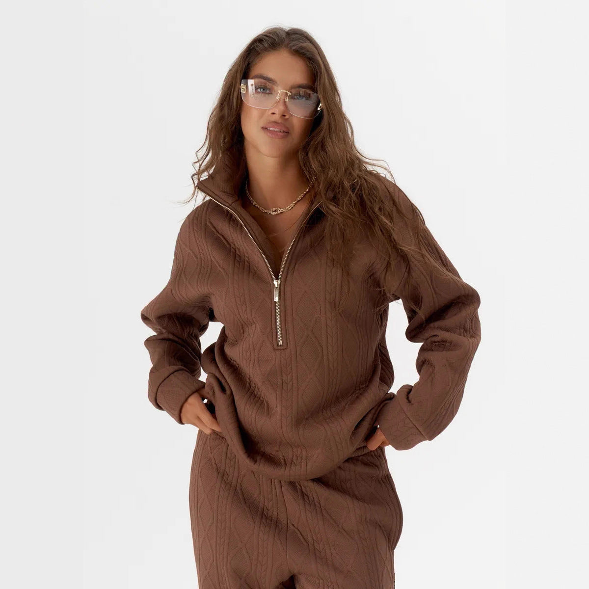 Damen Fleece-Loungewear-Set mit Reißverschluss Rippstruktur Norvielle