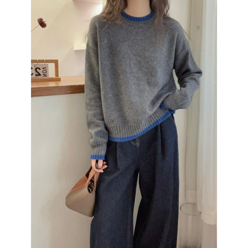 Damen Strickpullover Weich Kontrastbündchen Norvielle