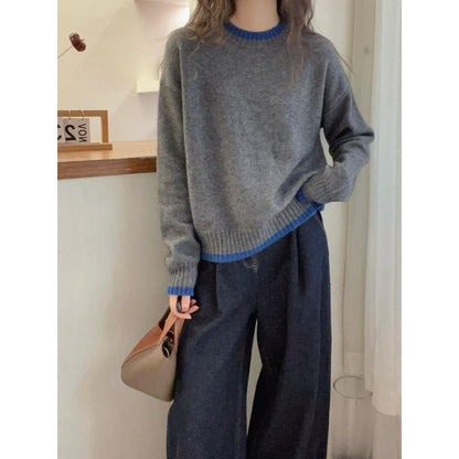Damen Strickpullover Weich Kontrastbündchen Norvielle