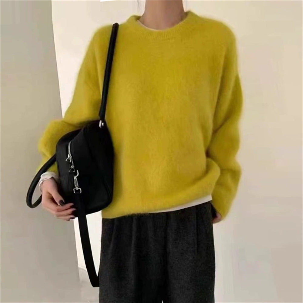 Damen Oversized Pullover Mohair-Wolle Flauschig Beige