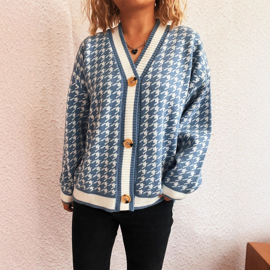 Damen Strickjacke Klassisches Hahnentritt-Muster Große Knöpfe