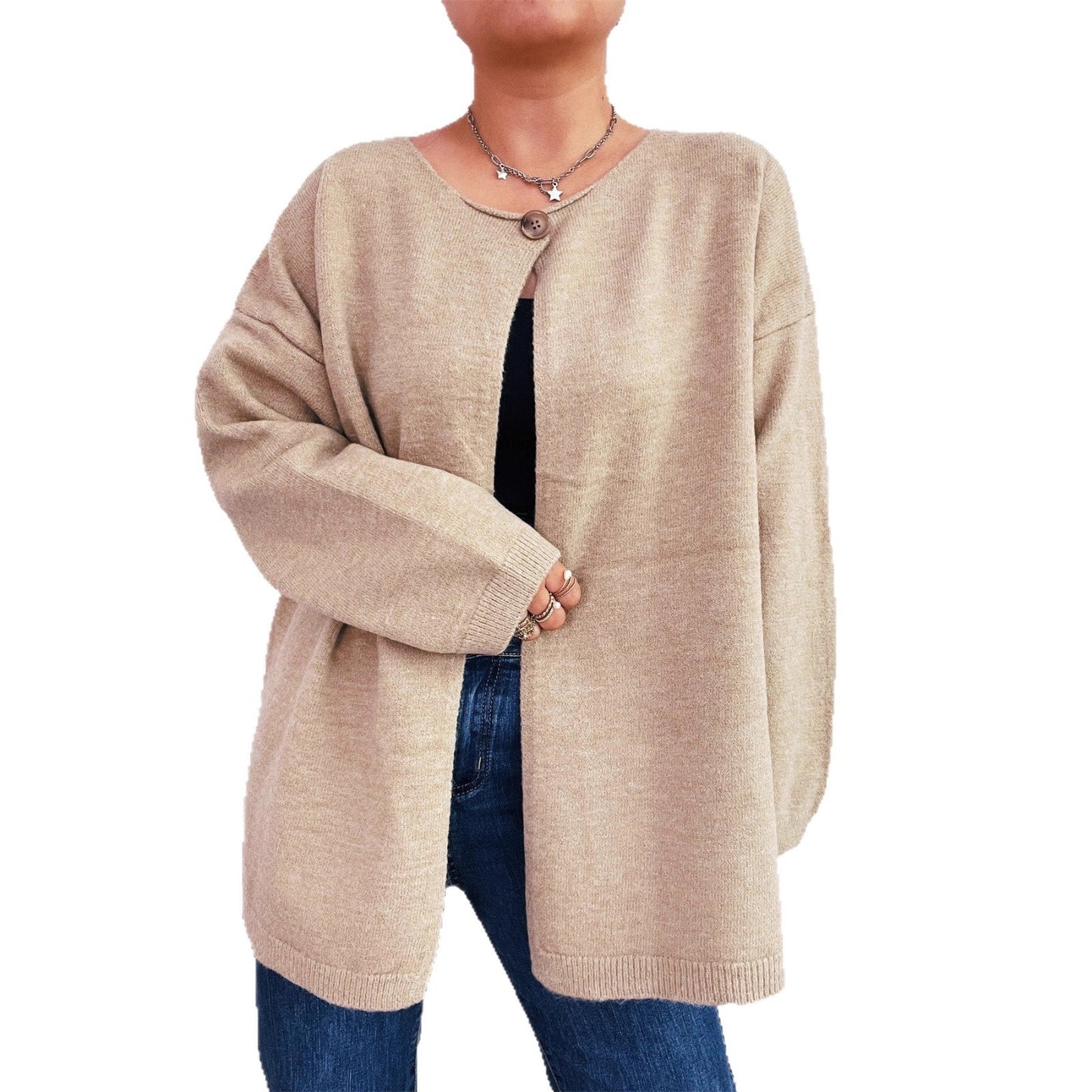 Damen Strickcardigan Weich Offene Vorderseite Beige