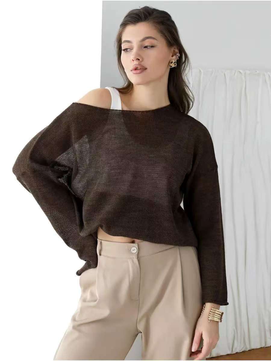 Damen Off-Shoulder Pullover Feinstrick Weit Schnitt Beige