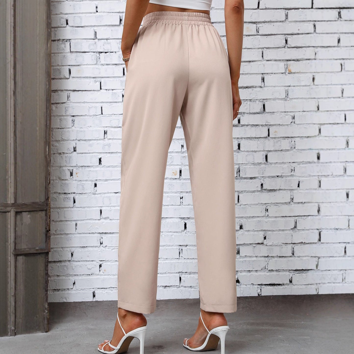 Damen Freizeithose Elastischer Bund Seitentaschen Beige