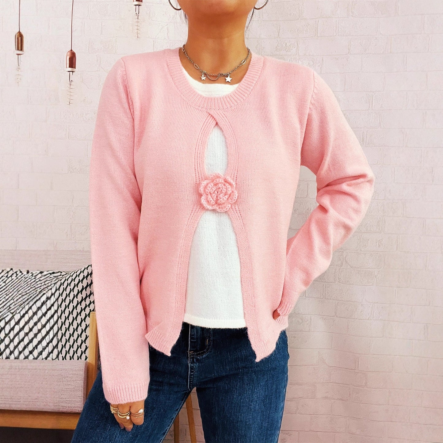 Damen Strickjacke Florales Design V-Ausschnitt