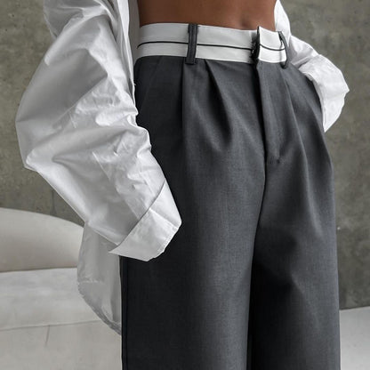 Damenweite Stoffhose Elastischer Bund Kontrastgürtel