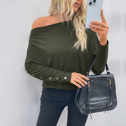 Damen Oversized Langarmshirt Asymmetrischer Ausschnitt Feine Knöpfe