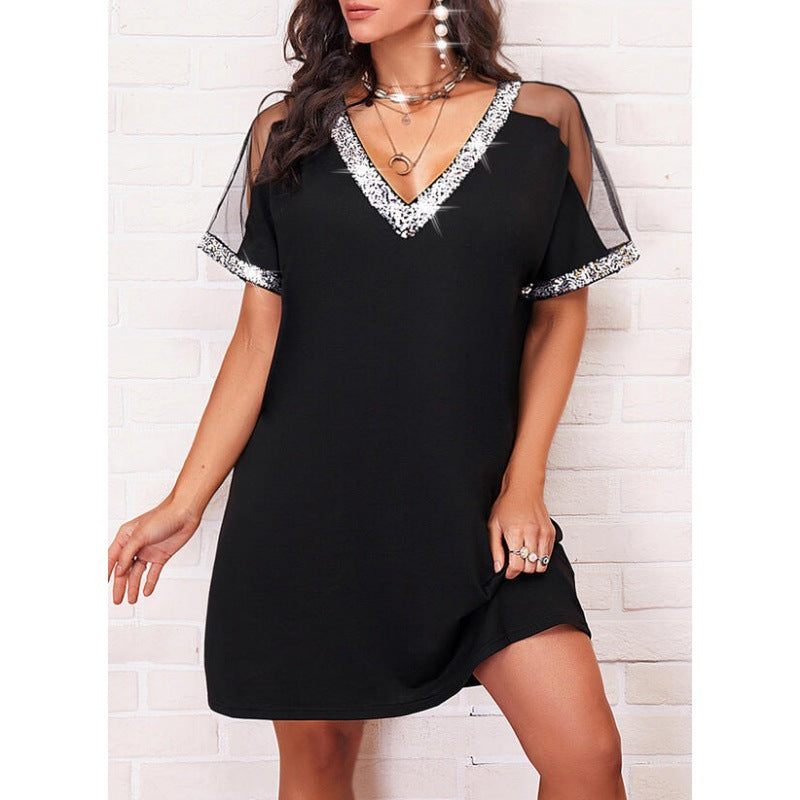 Damen Kleid mit transparenten Ärmeln und Glitzerverzierung - Norvielle