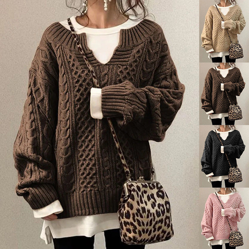 Damen Strickpullover Weiches Material V-Ausschnitt Beige - Norvielle