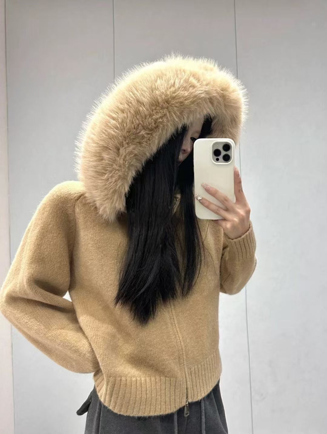 Damen Strickjacke Weich Kapuze Abnehmbar Beige
