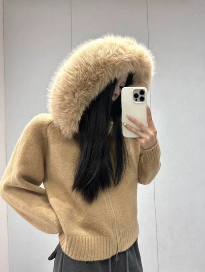 Damen Strickjacke Weich Kapuze Abnehmbar Beige