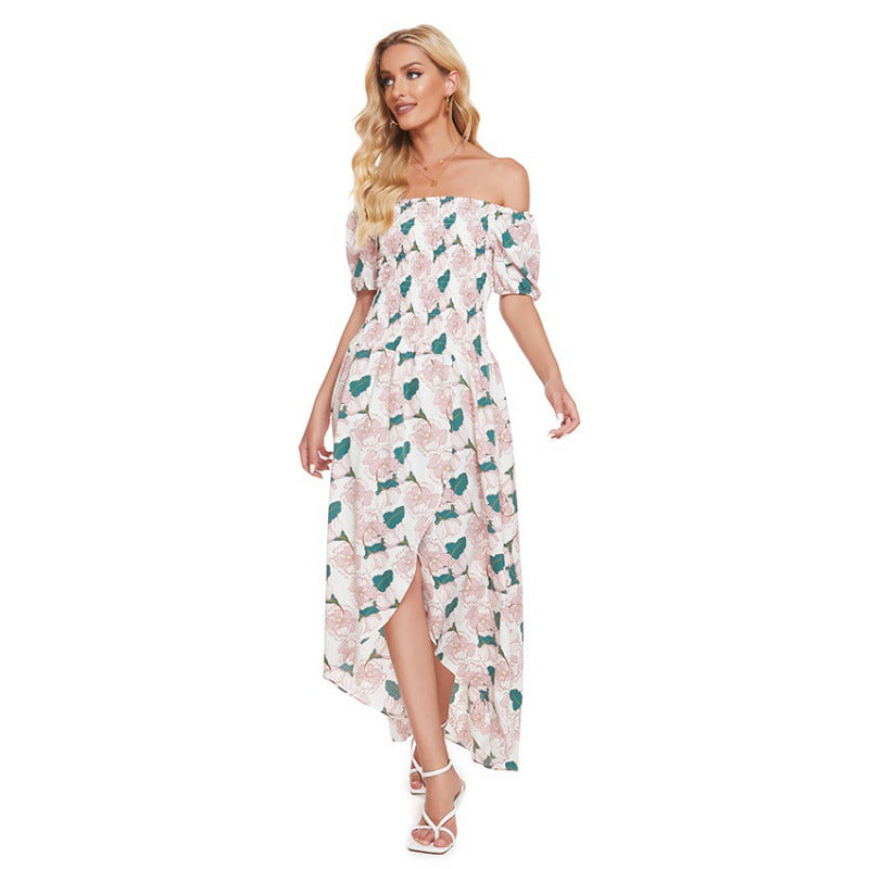 Damen Maxi-Kleid Schulterfrei Florale Rüschendetails