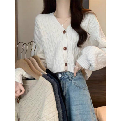 Damen Grobstrick Cardigan Knöpfe V-Ausschnitt Beige