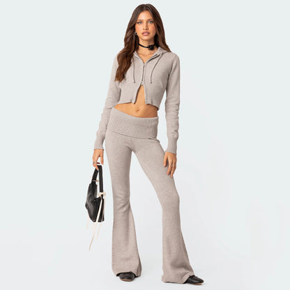 Damen Strickanzug Cropped Hoodie Weite Hose Bequem Norvielle