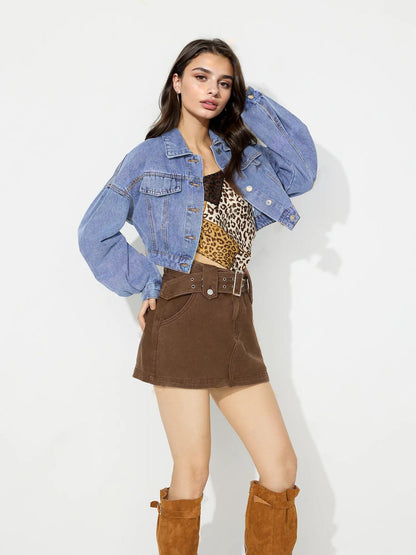Damen Cropped Jeansjacke Voluminöse Ärmel Modische Knöpfe